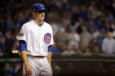 Oct 16, 2016; Chicago, IL, USA; Chicago Cubs starting pitcher Kyle Hendricks (28) walks to the dugout during the fifth inning against the Los Angeles Dodgers in game two of the 2016 NLCS playoff baseball series at Wrigley Field. Mandatory Credit: Jon Durr-USA TODAY Sports