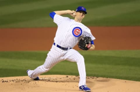 Oct 28, 2016; Chicago, IL, USA; Chicago Cubs starting pitcher Kyle Hendricks (28) delivers a pitch against the Cleveland Indians during the first inning in game three of the 2016 World Series at Wrigley Field. Mandatory Credit: Tannen Maury/Pool Photo via USA TODAY Sports