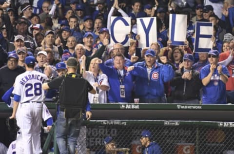 Oct 28, 2016; Chicago, IL, USA; Cubs fans hold up a sign for Chicago Cubs starting pitcher Kyle Hendricks (28) during the fourth inning in game three of the 2016 World Series against the Cleveland Indians at Wrigley Field. Mandatory Credit: Tommy Gilligan-USA TODAY Sports