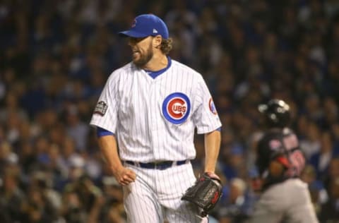 Oct 29, 2016; Chicago, IL, USA; Chicago Cubs starting pitcher John Lackey (41) reacts after the second inning in game four of the 2016 World Series against the Cleveland Indians at Wrigley Field. Mandatory Credit: Jerry Lai-USA TODAY Sports