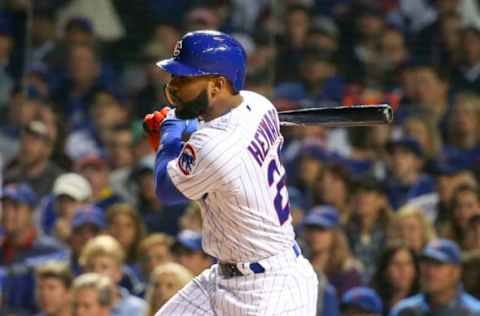 Oct 29, 2016; Chicago, IL, USA; Chicago Cubs right fielder Jason Heyward (22) hits a single against the Cleveland Indians during the second inning in game four of the 2016 World Series at Wrigley Field. Mandatory Credit: Jerry Lai-USA TODAY Sports