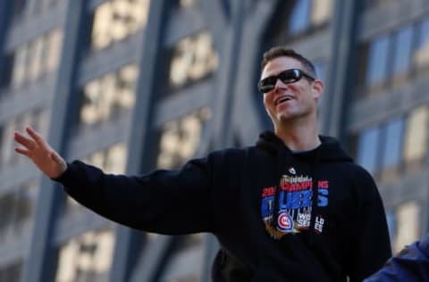 Nov 4, 2016; Chicago, IL, USA; Chicago Cubs president Theo Epstein waves to the crowd during the World Series victory parade on Michigan Avenue. Mandatory Credit: Jerry Lai-USA TODAY Sports