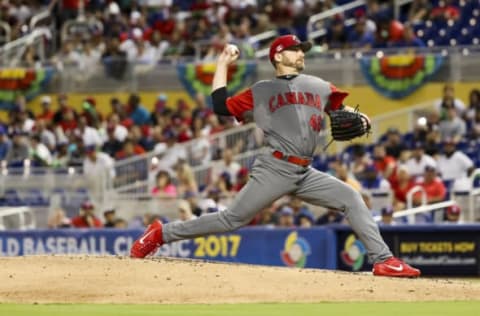 Mar 9, 2017; Miami, FL, USA; Canada pitcher Ryan Dempster (46) throws a pitch in the second inning against against the Dominican Republic during the 2017 World Baseball Classic at Marlins Park. Mandatory Credit: Logan Bowles-USA TODAY Sports