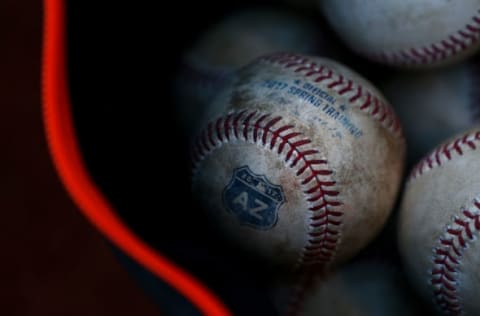 Mar 13, 2017; Surprise, AZ, USA; Detailed view of the Cactus League spring training logo on an official baseball prior to the Texas Rangers game against the San Francisco Giants at Surprise Stadium. Mandatory Credit: Mark J. Rebilas-USA TODAY Sports