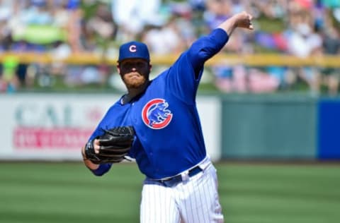 Mar 14, 2017; Mesa, AZ, USA; (EDITORS NOTE: caption correction – Brewers player misidentified in original) Chicago Cubs starting pitcher Brett Anderson (37) throws in the second inning against the Milwaukee Brewers during a spring training game at Sloan Park. Mandatory Credit: Matt Kartozian-USA TODAY Sports