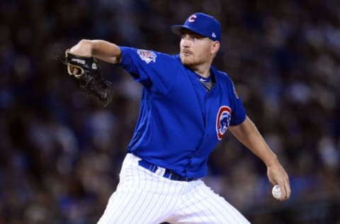 Mar 19, 2017; Mesa, AZ, USA; Chicago Cubs pitcher Mike Montgomery (38) pitches against the Kansas City Royals during the first inning at Sloan Park. Mandatory Credit: Joe Camporeale-USA TODAY Sports