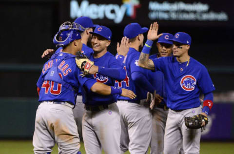 Apr 4, 2017; St. Louis, MO, USA; Chicago Cubs center fielder Albert Almora Jr. (5) celebrates with catcher Willson Contreras (40) after the Cubs defeated the St. Louis Cardinals at Busch Stadium. The Cubs won 2-1. Mandatory Credit: Jeff Curry-USA TODAY Sports