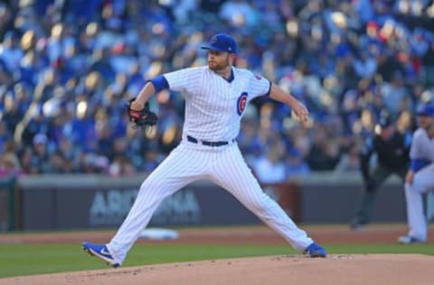 May 6, 2017; Chicago, IL, USA; Chicago Cubs starting pitcher Brett Anderson (37) delivers a pitch during the first inning against the New York Yankees at Wrigley Field. Mandatory Credit: Dennis Wierzbicki-USA TODAY Sports