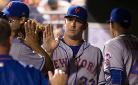 Apr 11, 2017; Philadelphia, PA, USA; New York Mets starting pitcher Matt Harvey (33) high fives in the dugout after being relieved during the sixth inning against the Philadelphia Phillies at Citizens Bank Park. The New York Mets won 14-4. Mandatory Credit: Bill Streicher-USA TODAY Sports