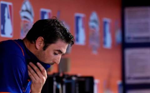 Apr 16, 2017; Miami, FL, USA; New York Mets starting pitcher Matt Harvey (33) reacts in the dugout during the sixth inning against the Miami Marlins at Marlins Park. Mandatory Credit: Steve Mitchell-USA TODAY Sports