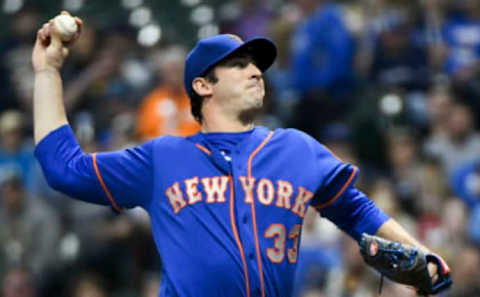 May 12, 2017; Milwaukee, WI, USA; New York Mets pitcher Matt Harvey (33) pitches in the second inning against the Milwaukee Brewers at Miller Park. Mandatory Credit: Benny Sieu-USA TODAY Sports