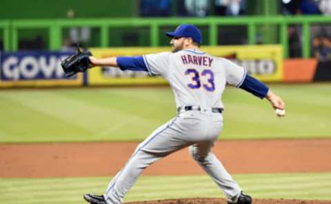 Jun 5, 2016; Miami, FL, USA; New York Mets starting pitcher Matt Harvey (33) delivers a pitch during the second inning against the Miami Marlins at Marlins Park. Mandatory Credit: Steve Mitchell-USA TODAY Sports