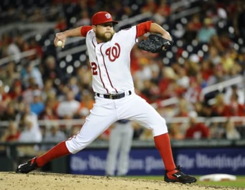 Aug 26, 2015; Washington, DC, USA; Washington Nationals relief pitcher Drew Storen (22) throws against the San Diego Padres during the eighth inning at Nationals Park. The San Diego Padres won 6-5. Mandatory Credit: Brad Mills-USA TODAY Sports