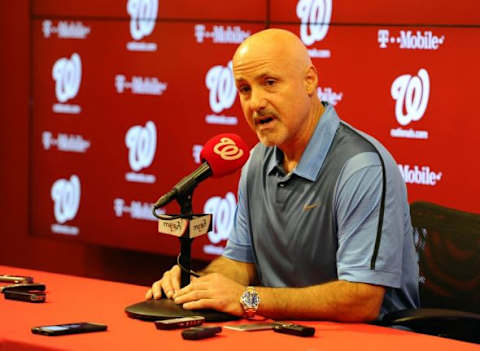 Sep 28, 2015; Washington, DC, USA; Washington Nationals general manager Mike Rizzo addresses the media after the game between the Washington Nationals and the Cincinnati Reds at Nationals Park. Mandatory Credit: Brad Mills-USA TODAY Sports