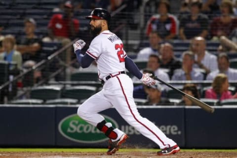 Sep 10, 2015; Atlanta, GA, USA; Atlanta Braves right fielder Nick Markakis (22) bats against the New York Mets in the fifth inning at Turner Field. Mandatory Credit: Brett Davis-USA TODAY Sports