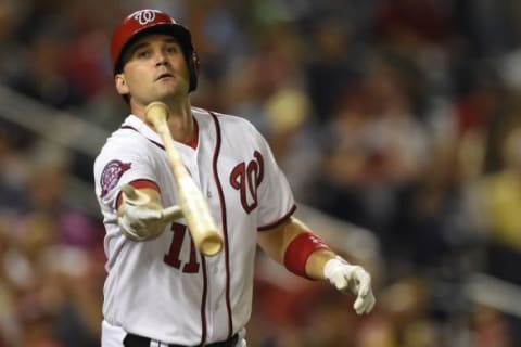 Aug 27, 2015; Washington, DC, USA; Washington Nationals first baseman Ryan Zimmerman (11) reacts after striking out during the fourth inning against the San Diego Padres at Nationals Park. Mandatory Credit: Tommy Gilligan-USA TODAY Sports