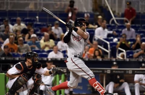 Apr 21, 2016; Miami, FL, USA; Washington Nationals right fielder Bryce Harper (34) connects for a solo home run during the first inning against the Miami Marlins at Marlins Park. Mandatory Credit: Steve Mitchell-USA TODAY Sports