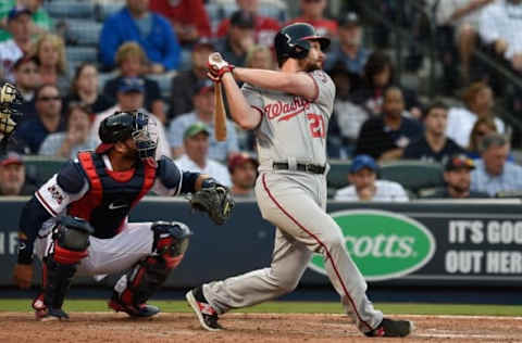 Apr 4, 2016; Atlanta, GA, USA; Washington Nationals second baseman Daniel Murphy (20) drives in the game winning run with a base hit against the Atlanta Braves during the tenth inning at Turner Field. The Nationals defeated the Braves 4-3 in ten innings. Mandatory Credit: Dale Zanine-USA TODAY Sports