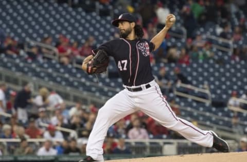 Apr 22, 2016; Washington, DC, USA; Washington Nationals starting pitcher Gio Gonzalez (47) pitches during the first inning against the Minnesota Twins at Nationals Park. Mandatory Credit: Tommy Gilligan-USA TODAY Sports