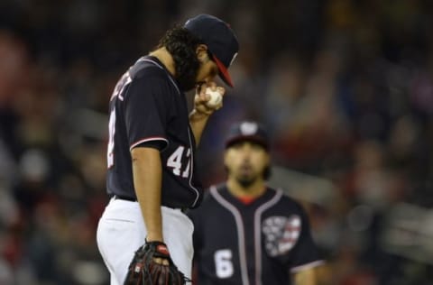 Apr 22, 2016; Washington, DC, USA; Washington Nationals starting pitcher Gio Gonzalez (47) stands on the mound during the seventh inning against the Minnesota Twins at Nationals Park. Washington Nationals defeated Minnesota Twins 8-4. Mandatory Credit: Tommy Gilligan-USA TODAY Sports