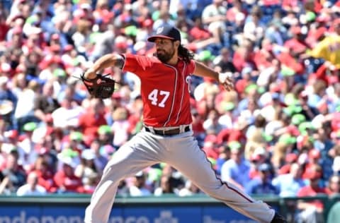 Apr 17, 2016; Philadelphia, PA, USA; Washington Nationals starting pitcher Gio Gonzalez (47) throws a pitch during the first inning against the Philadelphia Phillies at Citizens Bank Park. Mandatory Credit: Eric Hartline-USA TODAY Sports