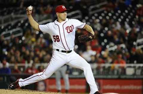 Apr 13, 2016; Washington, DC, USA; Washington Nationals relief pitcher Jonathan Papelbon (58) throws to the Atlanta Braves during the ninth inning at Nationals Park. Mandatory Credit: Brad Mills-USA TODAY Sports