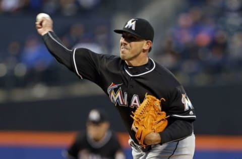 Apr 12, 2016; New York City, NY, USA; Miami Marlins starting pitcher Jose Fernandez (16) pitches against the New York Mets during the first inning at Citi Field. Mandatory Credit: Adam Hunger-USA TODAY Sports