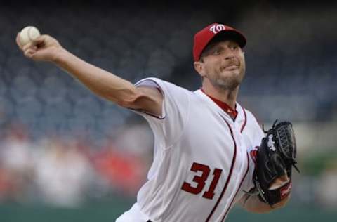 Apr 26, 2016; Washington, DC, USA; Washington Nationals starting pitcher Max Scherzer (31) pitches doing the first inning against the Philadelphia Phillies at Nationals Park. Mandatory Credit: Tommy Gilligan-USA TODAY Sports