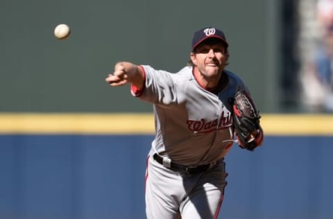 Apr 4, 2016; Atlanta, GA, USA; Washington Nationals starting pitcher Max Scherzer (31) pitches against the Atlanta Braves during the first inning at Turner Field. Mandatory Credit: Dale Zanine-USA TODAY Sports