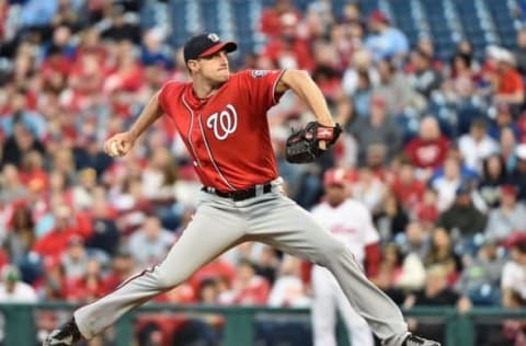 Apr 16, 2016; Philadelphia, PA, USA; Washington Nationals starting pitcher Max Scherzer (31) throws a pitch during the first inning against the Philadelphia Phillies at Citizens Bank Park. Mandatory Credit: Eric Hartline-USA TODAY Sports