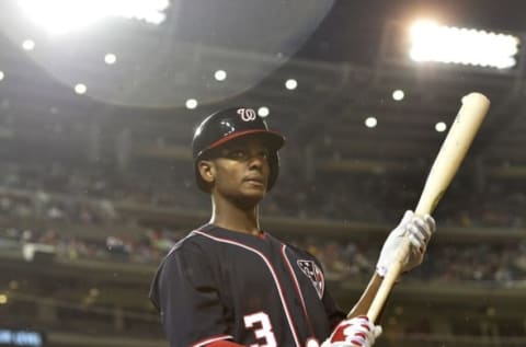 Apr 22, 2016; Washington, DC, USA; Washington Nationals center fielder Michael Taylor (3) stands by the on-deck circle against the Minnesota Twins at Nationals Park. Washington Nationals defeated Minnesota Twins 8-4. Mandatory Credit: Tommy Gilligan-USA TODAY Sports