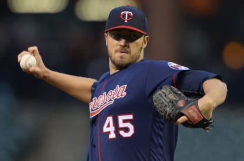 Apr 7, 2016; Baltimore, MD, USA; Minnesota Twins starting pitcher Phil Hughes (45) throws the ball during the first inning against the Baltimore Orioles at Oriole Park at Camden Yards. Mandatory Credit: Tommy Gilligan-USA TODAY Sports