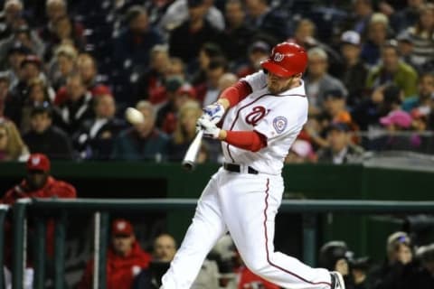 Apr 13, 2016; Washington, DC, USA; Washington Nationals third baseman Stephen Drew (10) hits a solo homer against the Atlanta Braves during the fourth inningat Nationals Park. Mandatory Credit: Brad Mills-USA TODAY Sports