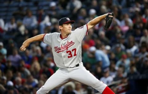 Apr 6, 2016; Atlanta, GA, USA; Washington Nationals starting pitcher Stephen Strasburg (37) delivers a pitch to an Atlanta Braves batter in the third inning of their game at Turner Field. Mandatory Credit: Jason Getz-USA TODAY Sports