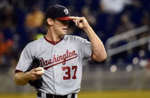 Apr 19, 2016; Miami, FL, USA; Washington Nationals starting pitcher Stephen Strasburg (37) pauses on the pitching mound during the first inning against the Miami Marlins at Marlins Park. Mandatory Credit: Steve Mitchell-USA TODAY Sports