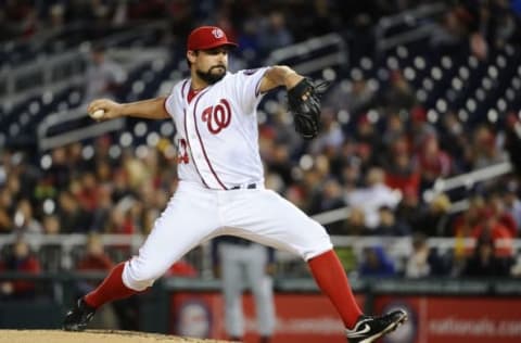 Apr 13, 2016; Washington, DC, USA; Washington Nationals starting pitcher Tanner Roark (57) throws to the Atlanta Braves during the fourth inning at Nationals Park. Mandatory Credit: Brad Mills-USA TODAY Sports