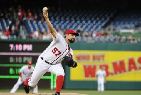 Apr 13, 2016; Washington, DC, USA; Washington Nationals starting pitcher Tanner Roark (57) throws to the Atlanta Braves during the first inning at Nationals Park. Mandatory Credit: Brad Mills-USA TODAY Sports