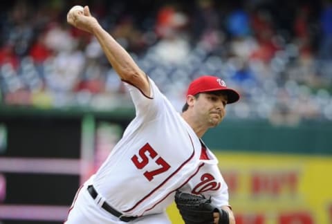 Apr 23, 2016; Washington, DC, USA; Washington Nationals starting pitcher Tanner Roark (57) throws to the Minnesota Twins during the first inning at Nationals Park. Mandatory Credit: Brad Mills-USA TODAY Sports