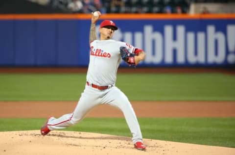 Apr 9, 2016; New York City, NY, USA; Philadelphia Phillies starting pitcher Vince Velasquez (28) throws the ball during the first inning against the New York Mets at Citi Field. Mandatory Credit: Anthony Gruppuso-USA TODAY Sports