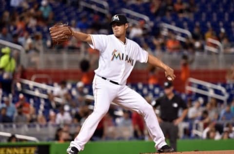 Apr 15, 2016; Miami, FL, USA; Miami Marlins starting pitcher Wei-Yin Chen delivers a pitch during the first inning against the Atlanta Braves at Marlins Park. Mandatory Credit: Steve Mitchell-USA TODAY Sports