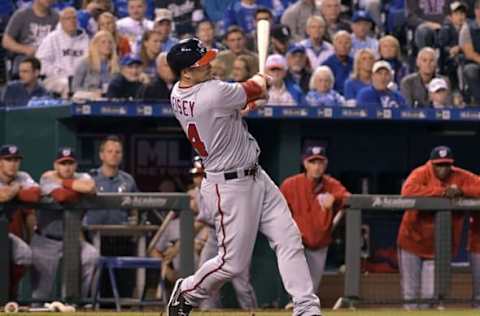 May 3, 2016; Kansas City, MO, USA; Washington Nationals center fielder Chris Heisey (14) hits a one run triple in the sixth inning against the Kansas City Royals at Kauffman Stadium. Mandatory Credit: Denny Medley-USA TODAY Sports