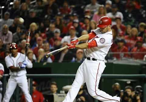 May 9, 2016; Washington, DC, USA; Washington Nationals first baseman Clint Robinson (25) hits a walk off homer against the Detroit Tigers during the ninth inning at Nationals Park. Mandatory Credit: Brad Mills-USA TODAY Sports