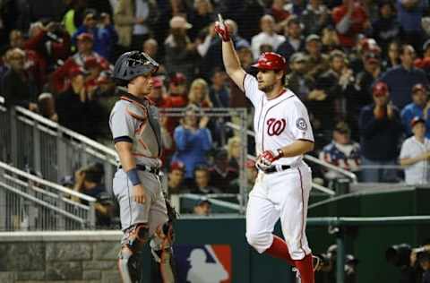 May 9, 2016; Washington, DC, USA; Washington Nationals second baseman Daniel Murphy (20) reacts after hitting a two run homer against the Detroit Tigers during the sixth inning at Nationals Park. Mandatory Credit: Brad Mills-USA TODAY Sports