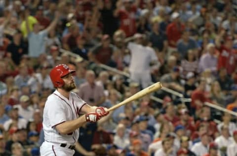 May 24, 2016; Washington, DC, USA; Washington Nationals second baseman Daniel Murphy (20) reacts after he hits a two-run home run during the fifth inning against the New York Mets at Nationals Park. Mandatory Credit: Tommy Gilligan-USA TODAY Sports