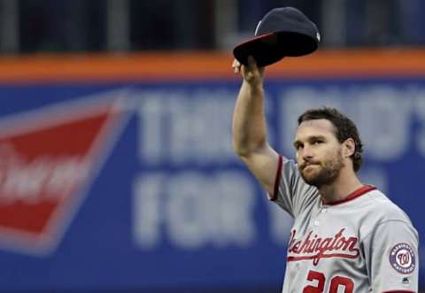 May 17, 2016; New York City, NY, USA; Washington Nationals second baseman Daniel Murphy (20) acknowledges the crowd before taking on the New York Mets at Citi Field. Mandatory Credit: Adam Hunger-USA TODAY Sports