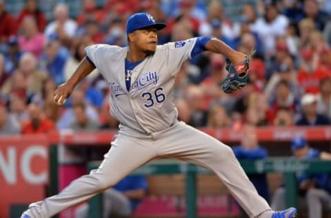 Apr 26, 2016; Anaheim, CA, USA; Kansas City Royals starting pitcher Edinson Volquez (36) delivers a pitch against the Los Angeles Angels during a MLB game at Angel Stadium of Anaheim. Mandatory Credit: Kirby Lee-USA TODAY Sports