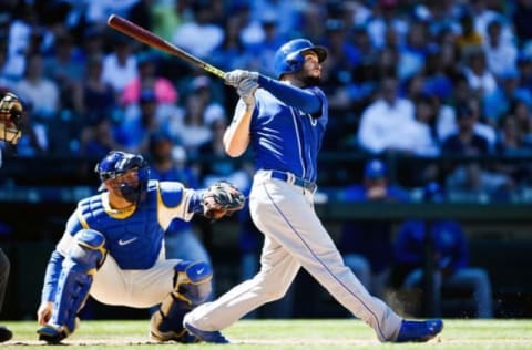 May 1, 2016; Seattle, WA, USA; Kansas City Royals first baseman Eric Hosmer (35) watches his solo home run in the eighth inning against the Seattle Mariners at Safeco Field. Mandatory Credit: Jennifer Buchanan-USA TODAY Sports