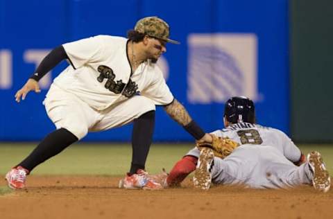 May 30, 2016; Philadelphia, PA, USA; Washington Nationals shortstop Danny Espinosa (8) steals second past the tag attempt of Philadelphia Phillies shortstop Freddy Galvis (13) during the eighth inning at Citizens Bank Park. The Nationals won 4-3. Mandatory Credit: Bill Streicher-USA TODAY Sports