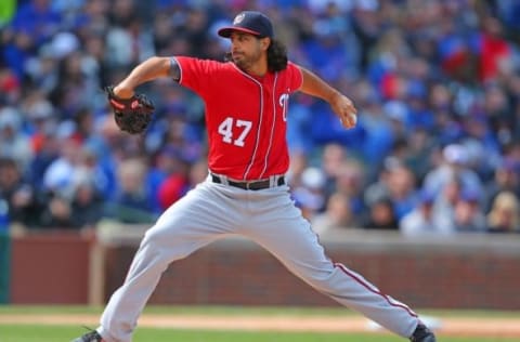 May 7, 2016; Chicago, IL, USA; Washington Nationals starting pitcher Gio Gonzalez (47) delivers a pitch during the first inning against the Chicago Cubs at Wrigley Field. Mandatory Credit: Dennis Wierzbicki-USA TODAY Sports