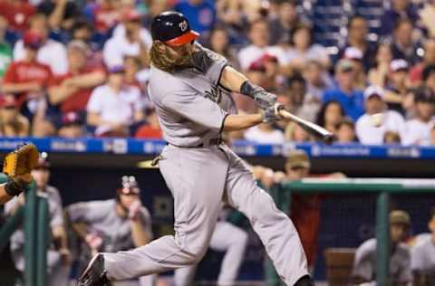 May 30, 2016; Philadelphia, PA, USA; Washington Nationals left fielder Jayson Werth (28) hits an RBI single during the eighth inning against the Philadelphia Phillies at Citizens Bank Park. The Nationals won 4-3. Mandatory Credit: Bill Streicher-USA TODAY Sports